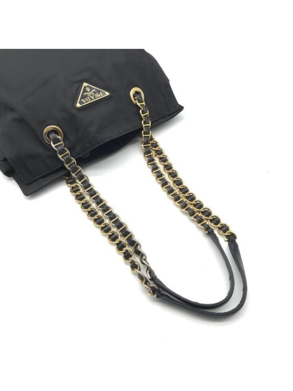 Prada Triangle Logo Nylon Tessuto Chain Shoulder Tote Black Purse - Picture 7 of 10